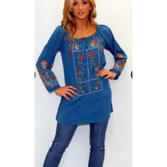 Urban Mango Embroidered Floral Lace Trim Tunic Blouse Plus Sz 1x Boho Cottage - Picture 1 of 7